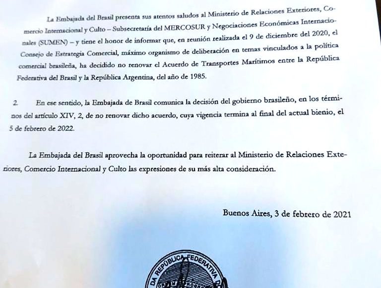 Brasil revoca el acuerdo bilateral de transporte marítimo con Argentina